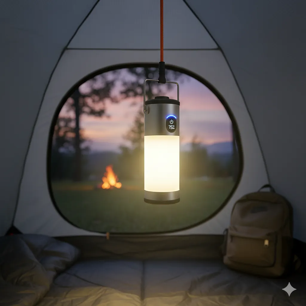 A modern, bright LED rechargeable lantern hanging in a tent.